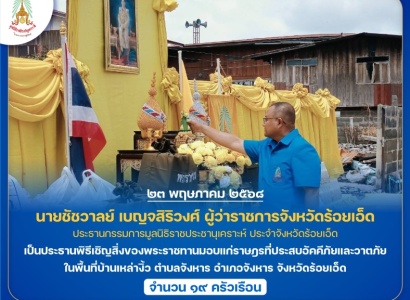 <strong>อ่านเพิ่มเติมเกี่ยวกับ</strong><br>นายชัชวาลย์ เบญจสิริวงศ์ ผู้ว่าราชการจังหวัดร้อยเอ็ด ประธานกรรมการมูลนิธิราชประชานุเคราะห์ ประจำจังหวัดร้อยเอ็ด เป็นประธานพิธีเชิญสิ่งของพระราชทานมอบแก่ราษฎรที่ประสบอัคคีภัยและวาตภัย ในพื้นที่อำเภอจังหาร จังหวัดร้อยเอ็ด นายชัชวาลย์ เบญจสิริวงศ์ ผู้ว่าราชการจังหวัดร้อยเอ็ด ประธานกรรมการมูลนิธิราชประชานุเคราะห์ ประจำจังหวัดร้อยเอ็ด เป็นประธานพิธีเชิญสิ่งของพระราชทานมอบแก่ราษฎรที่ประสบอัคคีภัยและวาตภัย ในพื้นที่อำเภอจังหาร จังหวัดร้อยเอ็ด