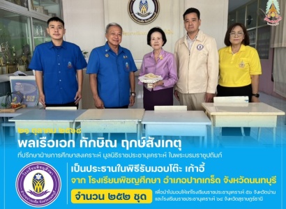 <strong>อ่านเพิ่มเติมเกี่ยวกับ</strong><br>พลเรือเอก ทักษิณ ฤกษ์สังเกตุ ที่ปรึกษาฝ่ายการศึกษาสงเคราะห์ มูลนิธิราชประชานุเคราะห์ฯ เป็นประธานในพิธีรับมอบโต๊ะ เก้าอี้ จาก โรงเรียนพิชญศึกษา พลเรือเอก ทักษิณ ฤกษ์สังเกตุ ที่ปรึกษาฝ่ายการศึกษาสงเคราะห์ มูลนิธิราชประชานุเคราะห์ฯ เป็นประธานในพิธีรับมอบโต๊ะ เก้าอี้ จาก โรงเรียนพิชญศึกษา